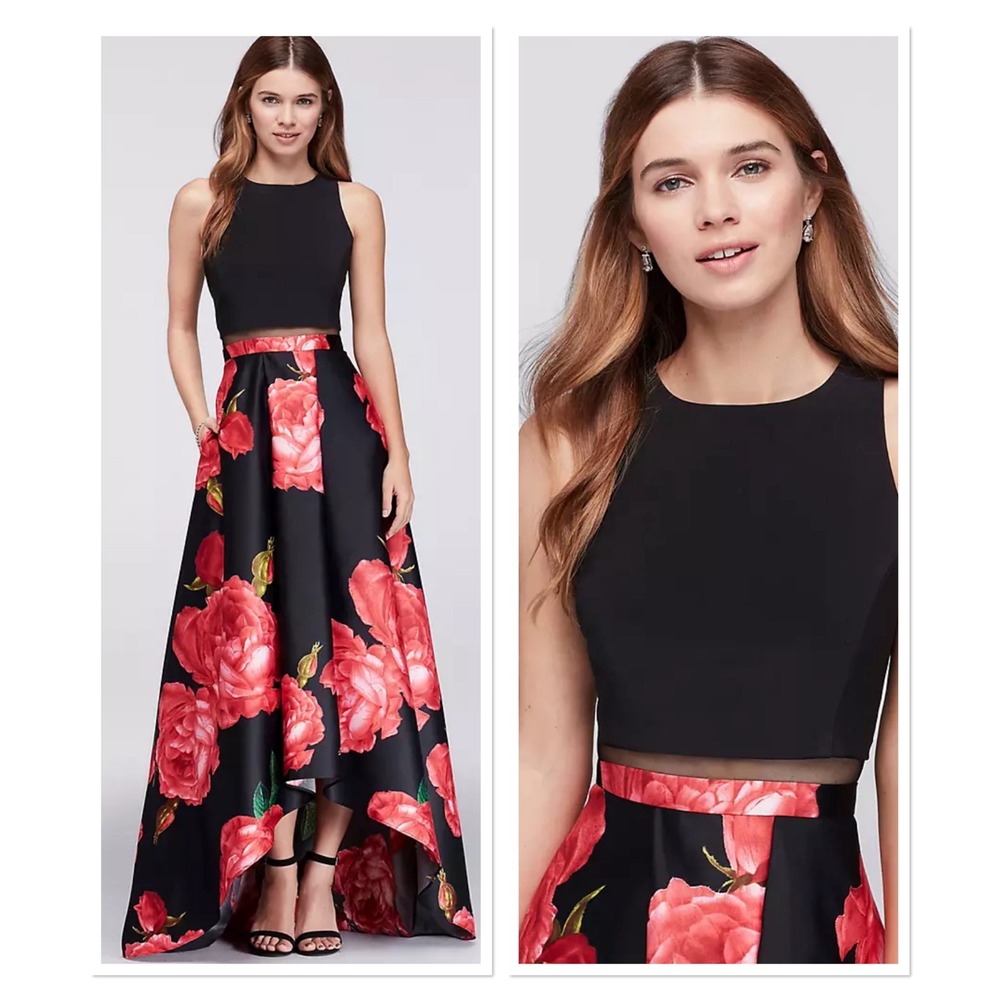 Betsy & Adam Floral High Low Gown Black Red Rose Mesh Waist Formal Dress 4 NEW